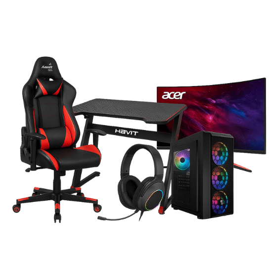 Productos gamer como sillas, mesas, cases y monitores